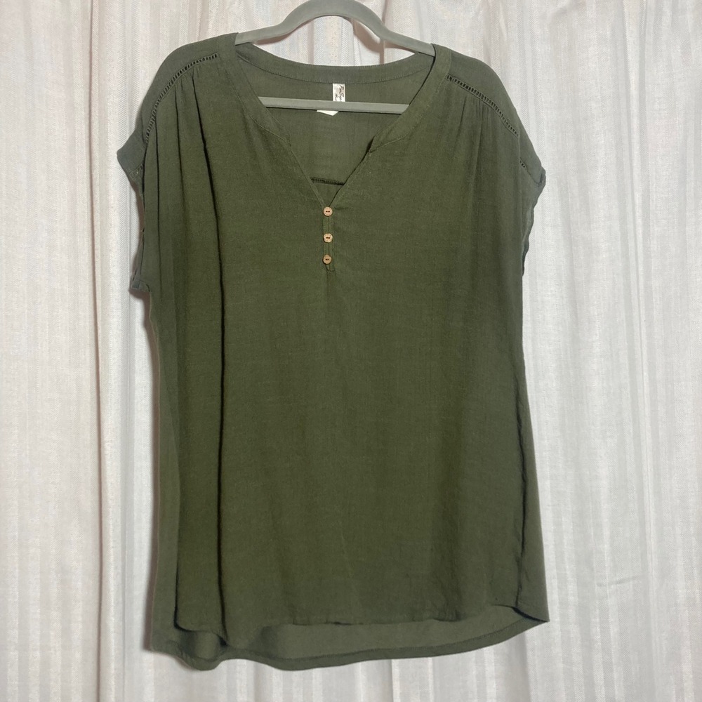 Boho Olive Green Henley Blouse Crochet Trim 1X PerSeption Women Bohemian Earthy